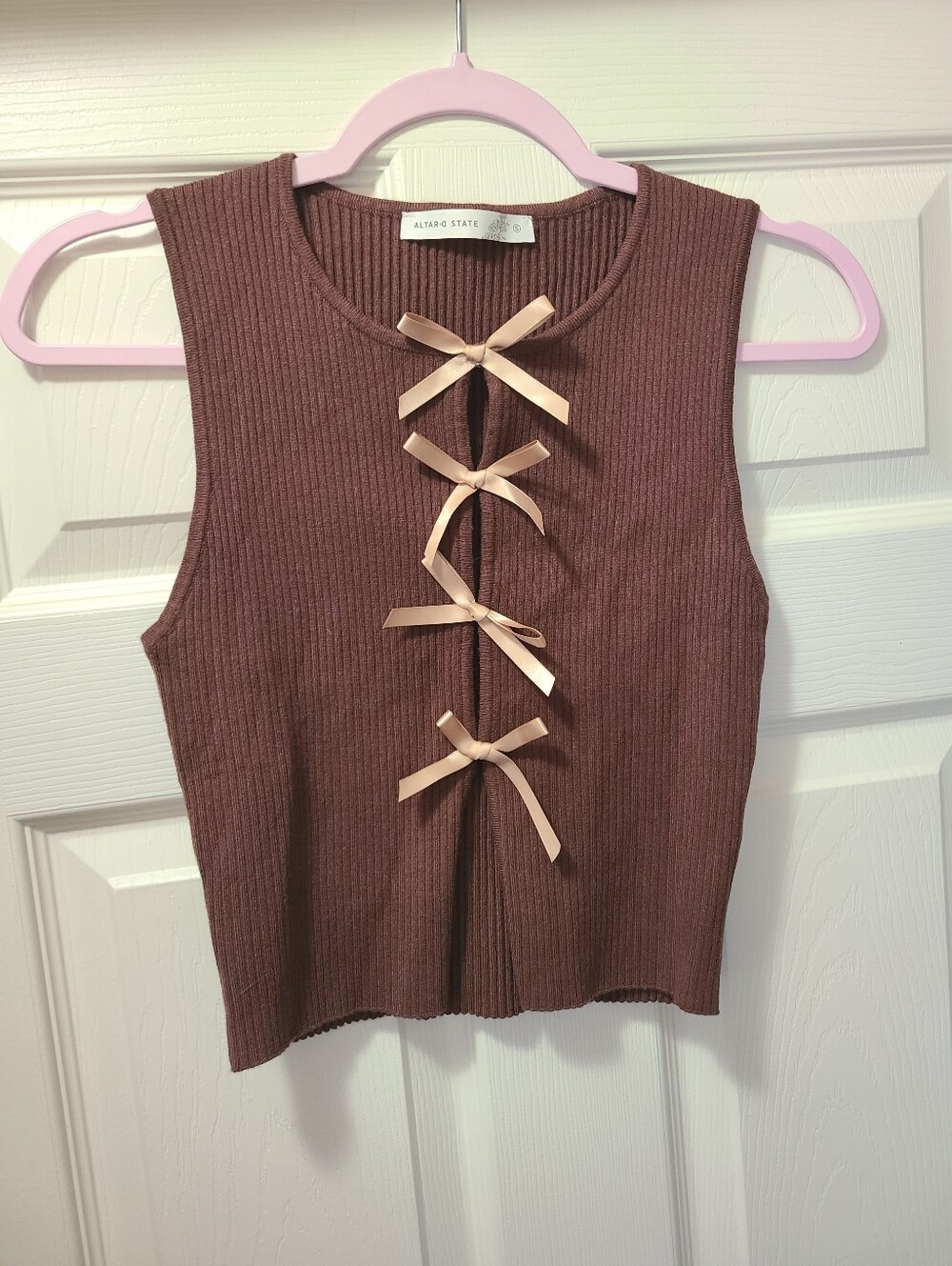 brown Altar'd State ribbed knit sleeveless tank featuring a front lace-up detail - Picture 2 of 5